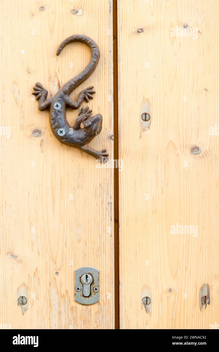 Gecko an einer Tür in Porto Cristo, Mallorca Stockfoto