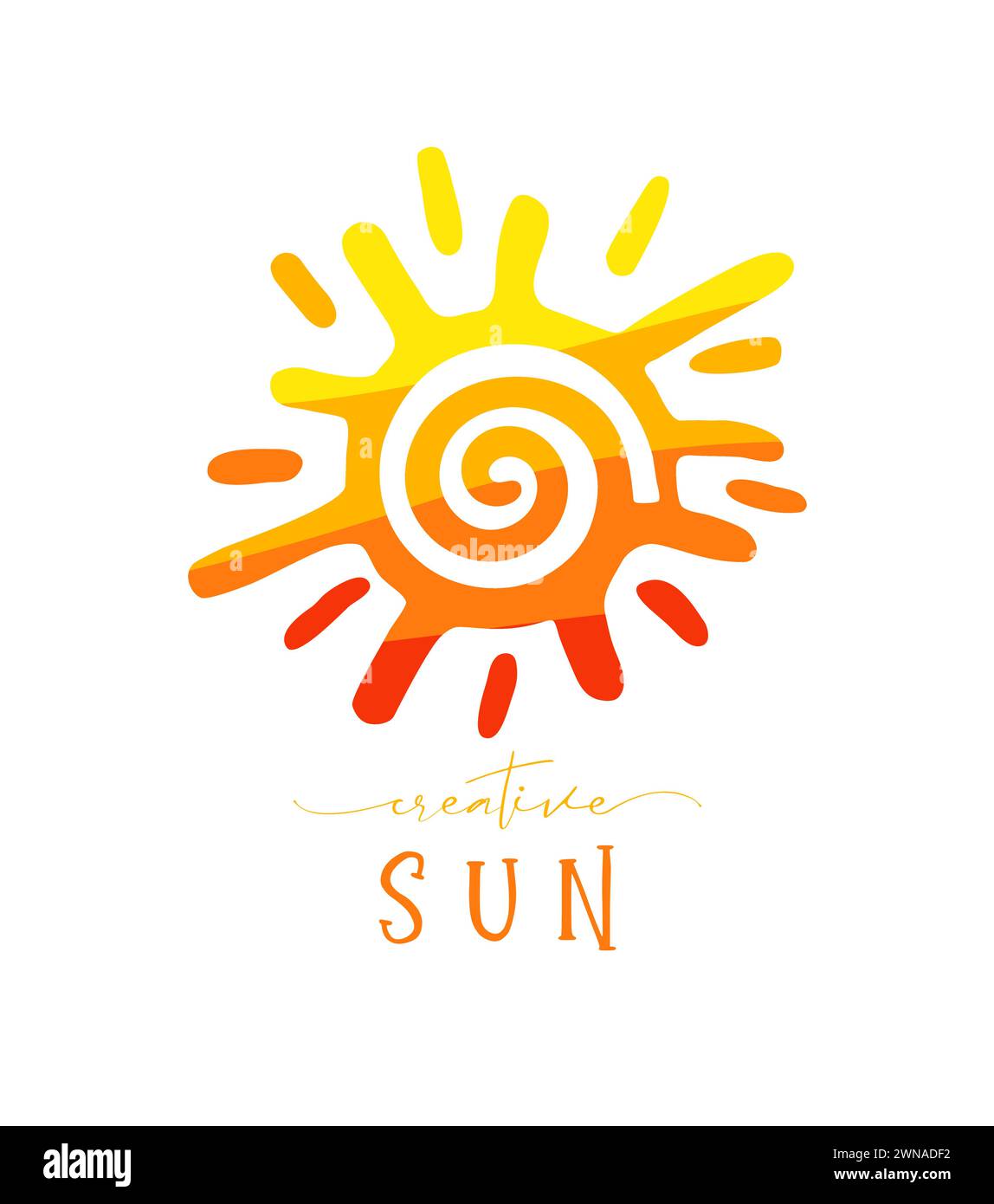 Sun-Logo-Konzept. Isoliertes Zeichen. Niedliches Symbol. Vektor-Symbol für Frühling oder Sommerferien. Kreativer Stil. Die Farben Rot, Gelb und Orange. Gewellte Textur Stock Vektor