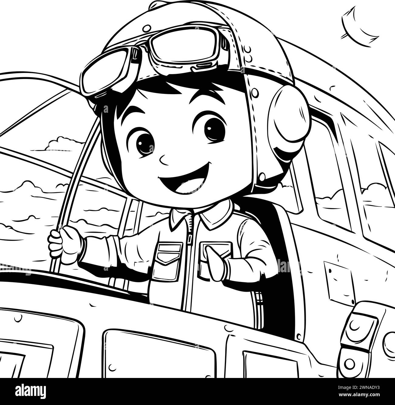 Schwarz-weiß-Zeichentrickfigur eines glücklichen Jungen Piloten mit Pilotenmütze und Pilotenhelm Stock Vektor