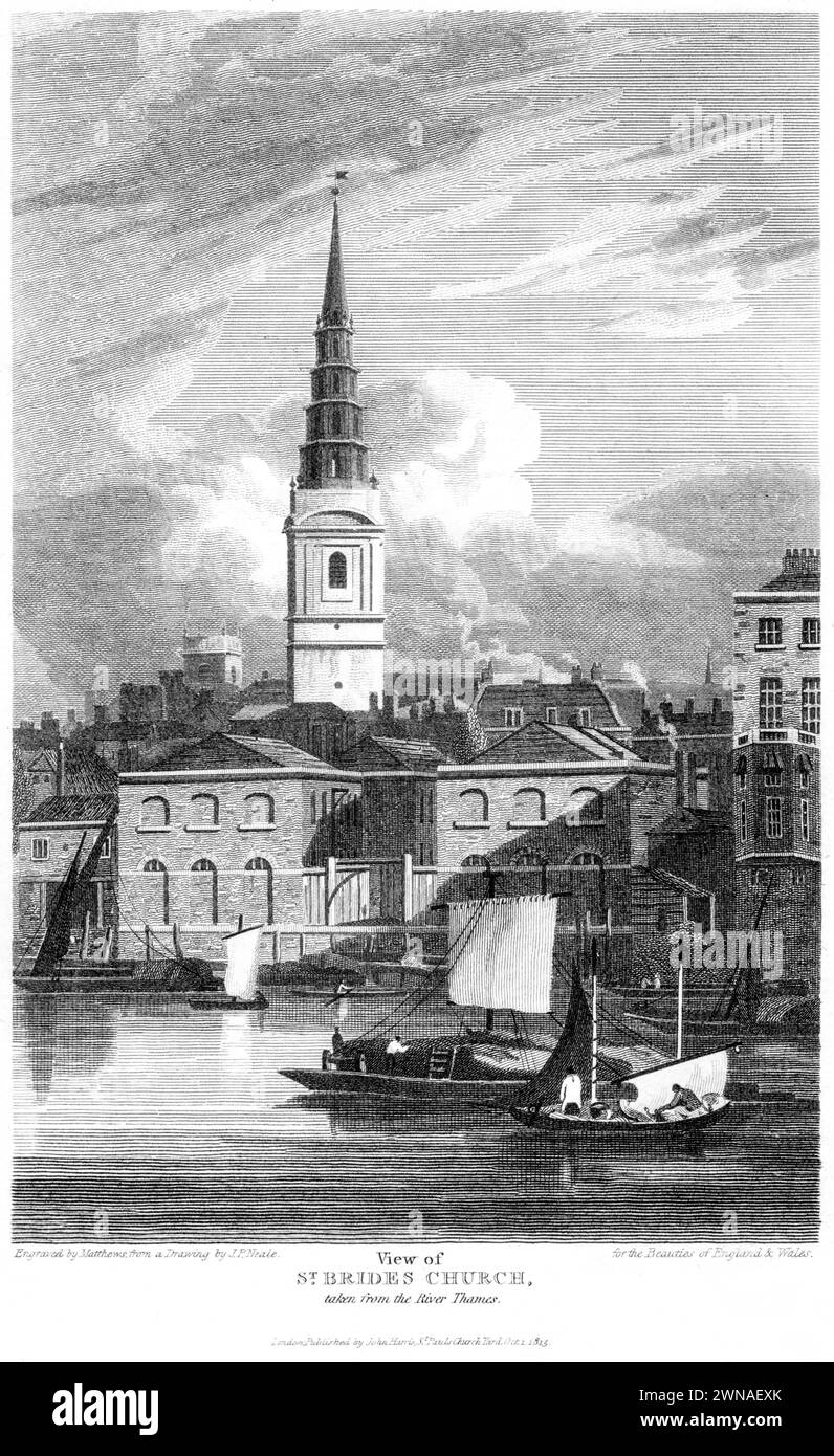 Ein Kupferstich mit dem Titel A View of St Brides Church aus der Themse, London, wurde in hoher Auflösung aus einem um 1815 erschienenen Buch gescannt. Stockfoto