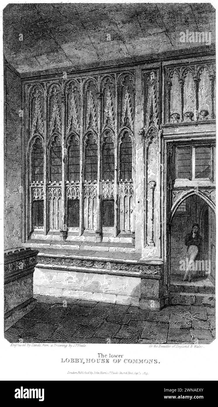 Ein Gravur mit dem Titel The Lower Lobby, House of Commons, London UK, scannt in hoher Auflösung aus einem Buch, das um 1815 veröffentlicht wurde. Stockfoto