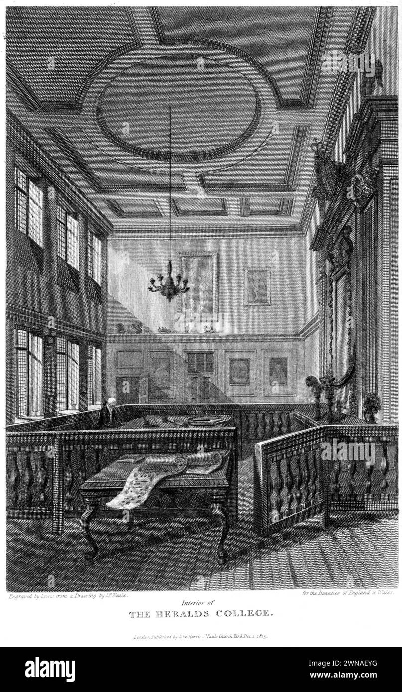 Ein Kupferstich mit dem Titel The Interior of the Heralds College, London UK, scannt mit hoher Auflösung aus einem Buch, das um 1815 veröffentlicht wurde. Stockfoto