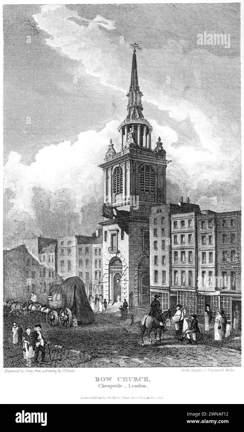 Ein Kupferstich mit dem Titel Bow Church, Cheapside, London UK, gescannt mit hoher Auflösung aus einem Buch, das um 1815 veröffentlicht wurde. Urheberrechtlich geschützt. Stockfoto