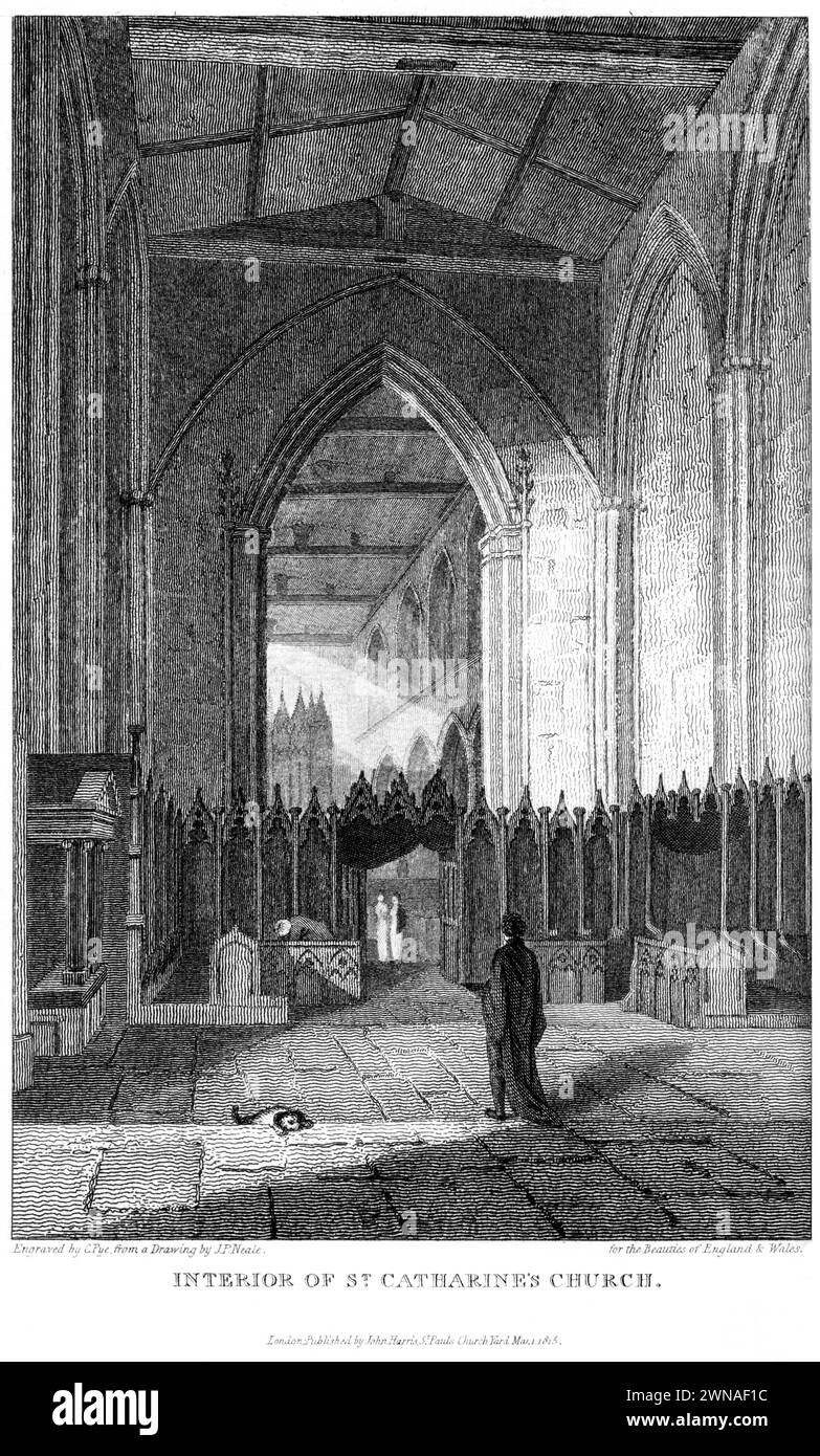 Ein Kupferstich mit dem Titel The Interior of St Catherines Church (St Katherine by the Tower) London UK, der in hoher Auflösung aus einem Buch von 1815 gescannt wurde. Stockfoto