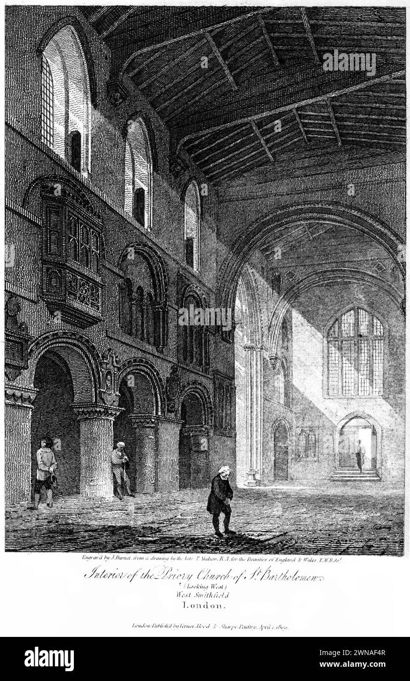 Ein Kupferstich mit dem Titel The Interior of the Priory Church of St Bartholomew (Looking West) West Smithfield, London UK, aus einem Buch von 1815. Stockfoto