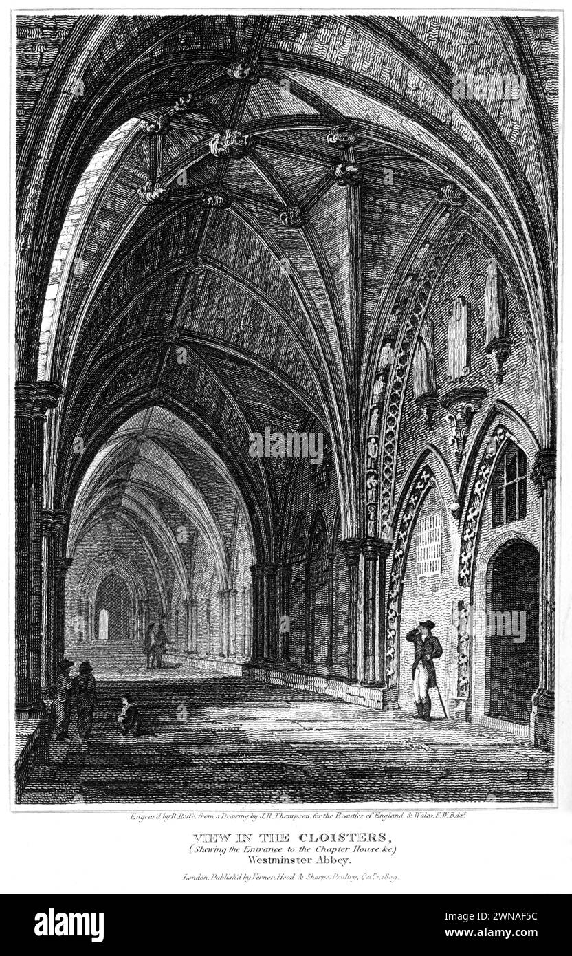 Ein Stich mit dem Titel View in the Cloisters, (Shewing the Entrance to the Chapter House &c) Westminster Abbey, London UK - aus einem Buch von 1815. Stockfoto