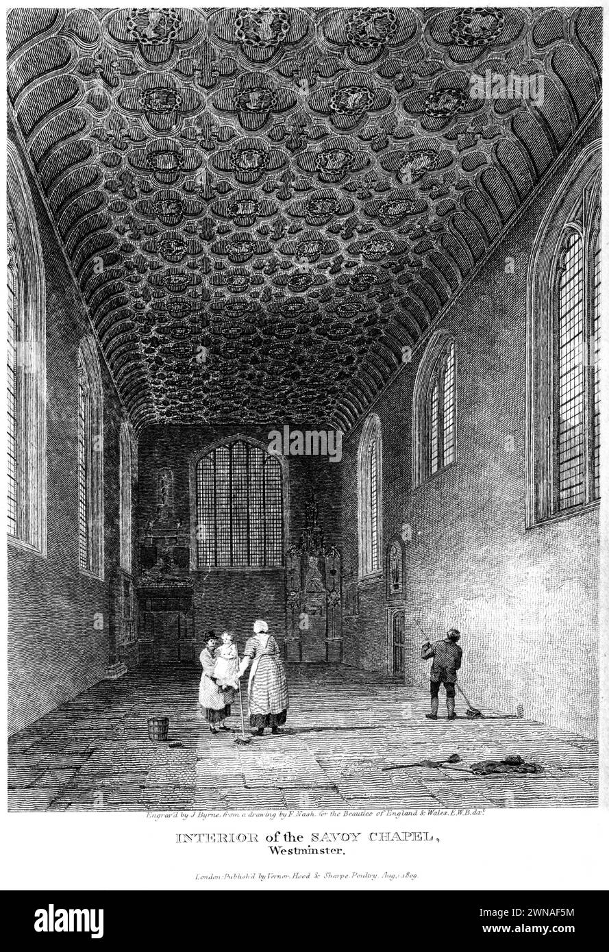 Ein Kupferstich mit dem Titel Interior of the Savoy Chapel, Westminster, London UK, gescannt mit hoher Auflösung aus einem Buch, das um 1815 veröffentlicht wurde. Stockfoto
