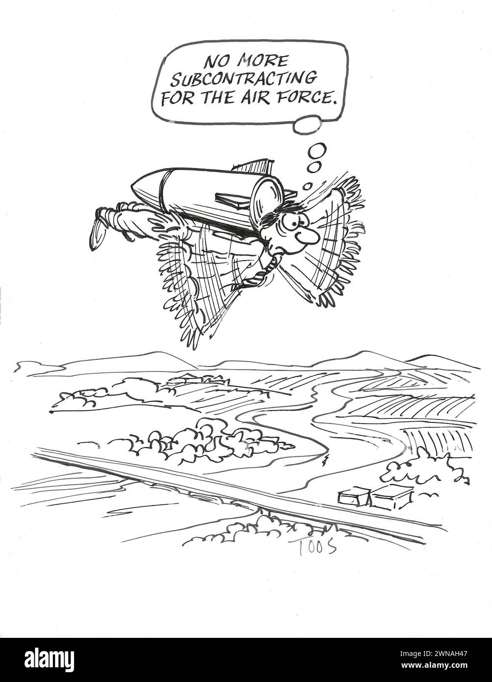 BW Cartoon eines fliegenden Mannes, der eine Bombe zum Ziel trägt, denkt er, dass er keine Unteraufträge mehr an die Luftwaffe vergeben wird. Stockfoto