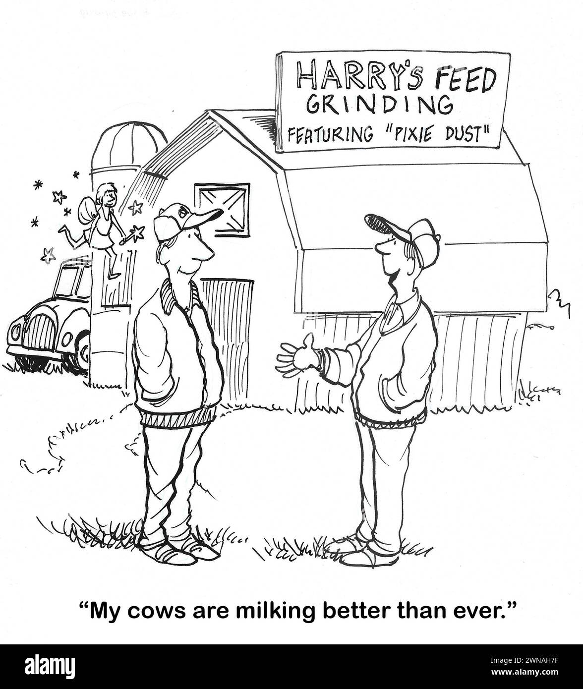 BW-Cartoon von zwei Bauern, die reden und einem kleinen Engel in der Nähe. Seine Kühe melken besser, seit sie das „Pixie-Staub-verstärkte Futter“ gegessen haben. Stockfoto