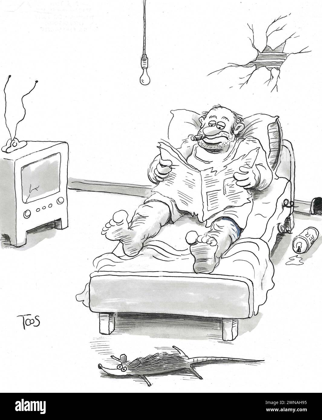 BW-Cartoon zeigt einen ungepflegten Mann, der einen Rattenteppich hat. Stockfoto