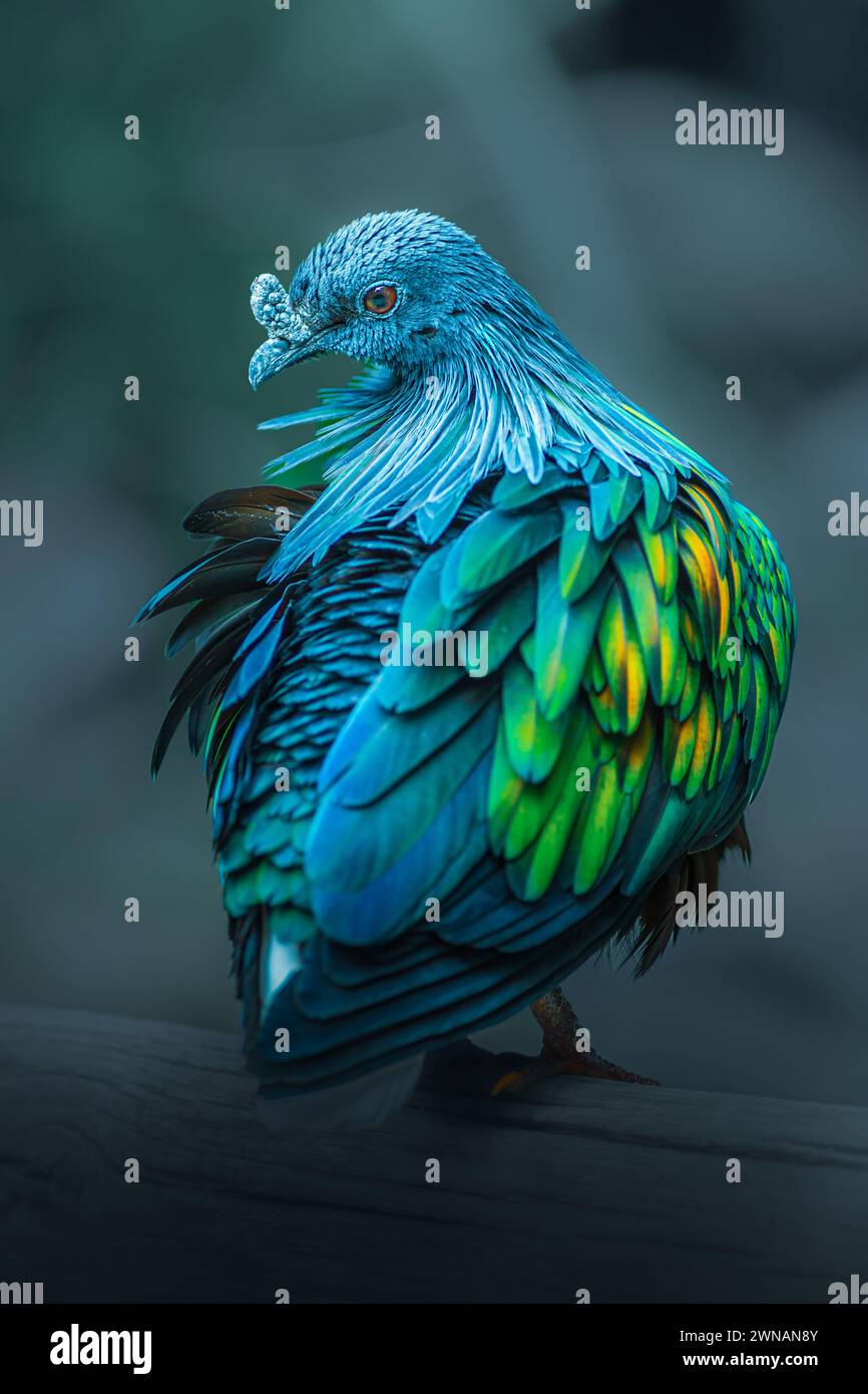 Nahaufnahme einer Nicobar-Taube auf Holz - Caloenas nicobarica Stockfoto