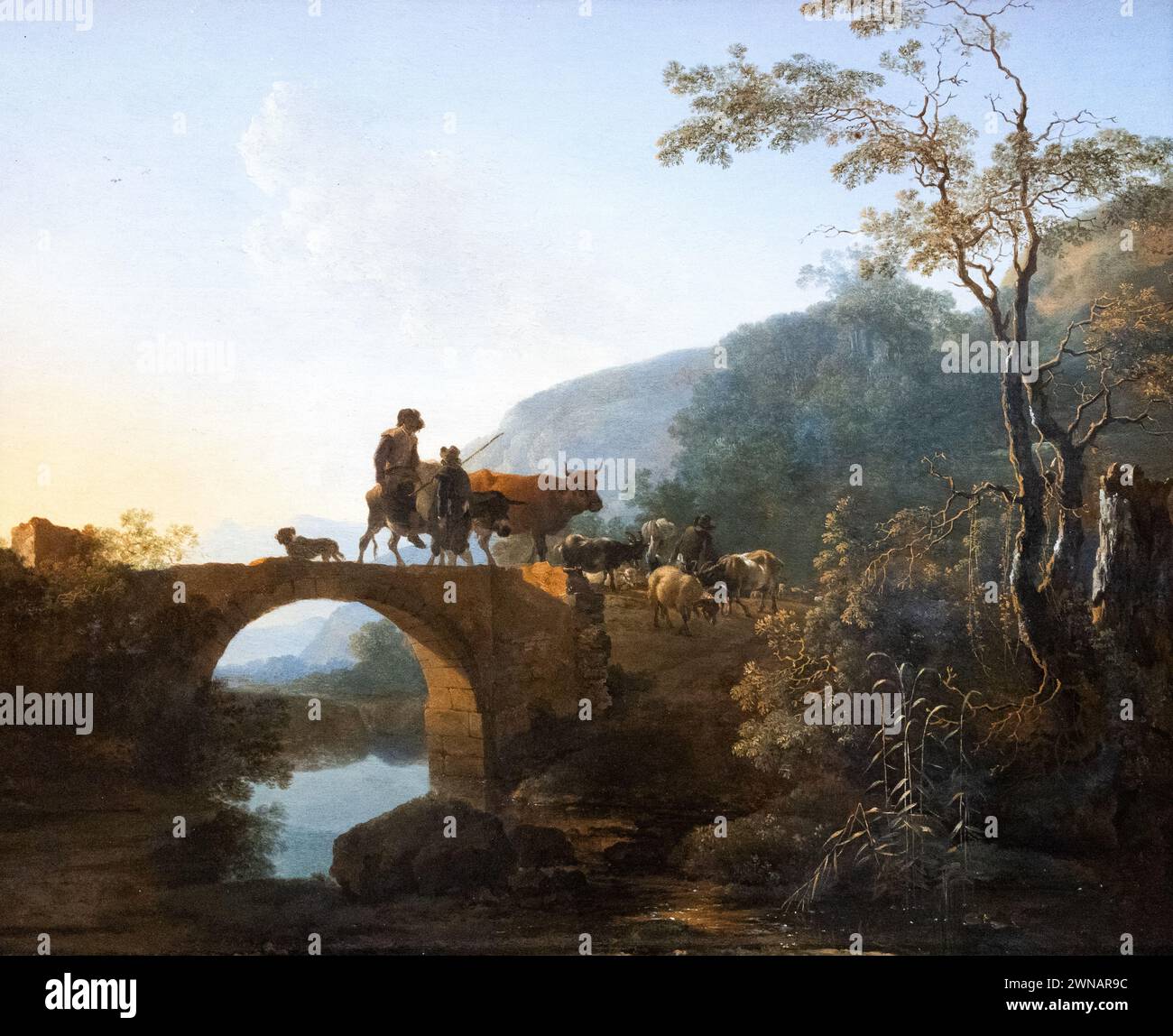 Adam Pynacker Gemälde „Brücke in einer italienischen Landschaft“; 1653–4; niederländischer Landschaftsmaler aus dem Goldenen Zeitalter der 1600er Jahre, 1622-1673 Stockfoto