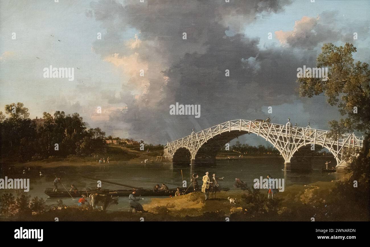 Giovanni Antonio Canal oder Canaletto Painting UK; „A View of Walton Bridge“, 1754. Malerei, als Canaletto in London lebte. 1700er Jahre; 18. Jahrhundert. Stockfoto