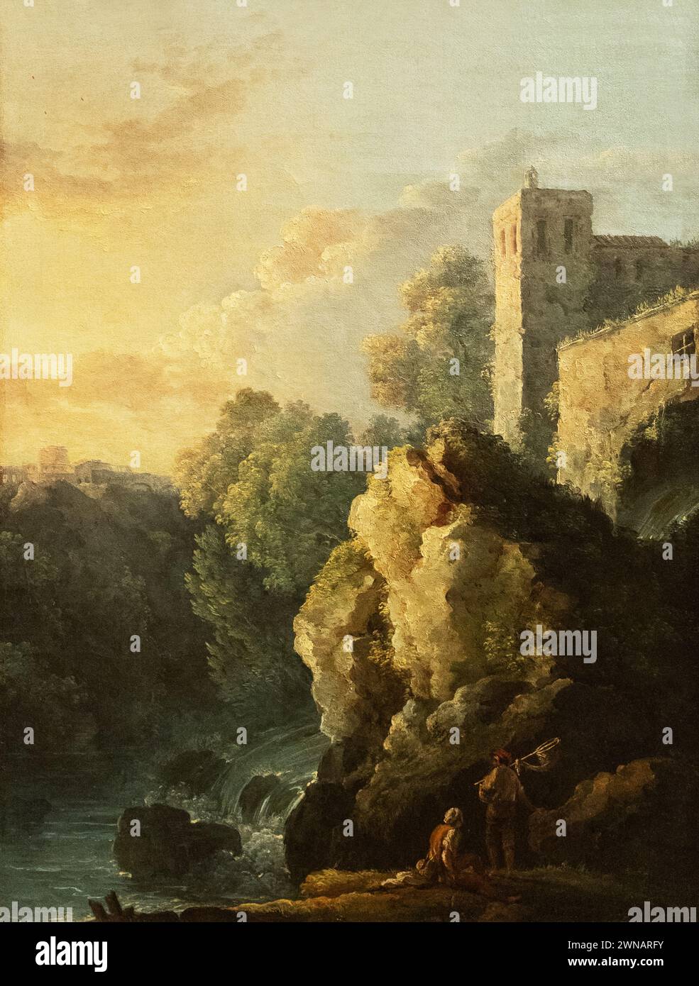 Carlo Bonavia Gemälde, „Schloss und Wasserfall“, 1700er Jahre; imaginäre neapolitanische Landschaft. Italienischer Landschaftsmaler aus dem 18. Jahrhundert, um 1740-1788 Stockfoto