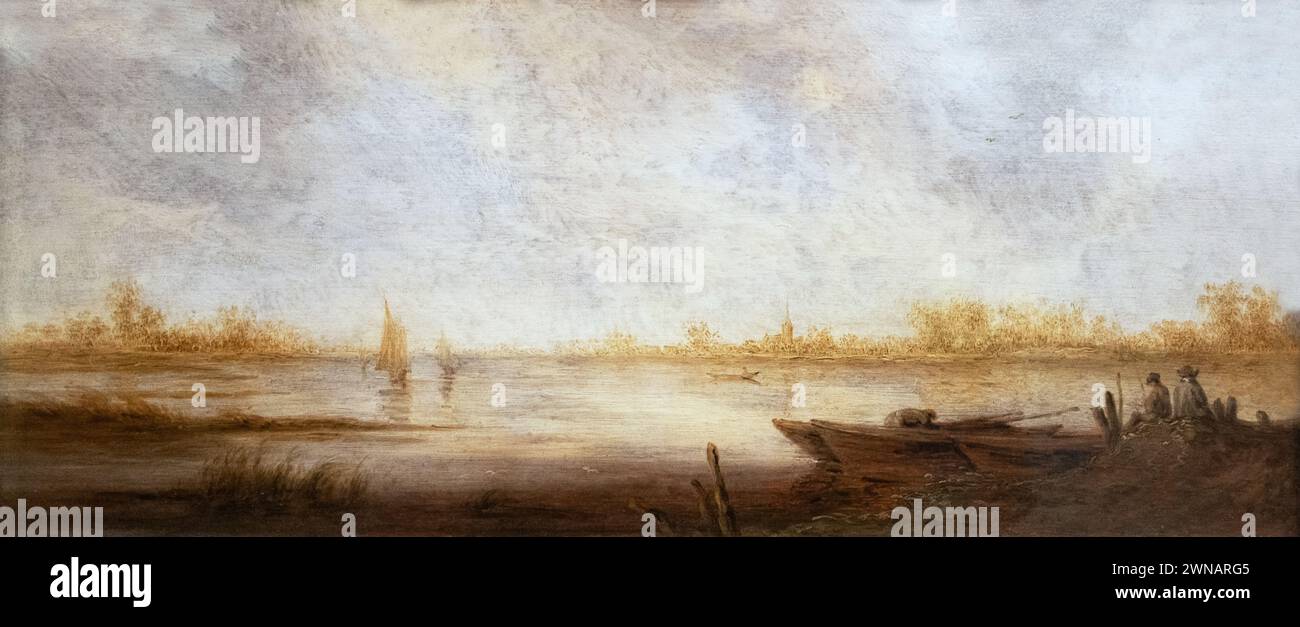 Aelbert Cuyp Gemälde, „Flusslandschaft“, 1640, Öl auf Tafel; niederländischer Maler des Goldenen Zeitalters aus dem 17. Jahrhundert, 1620-1691. Dulwich Picture Gallery. Stockfoto