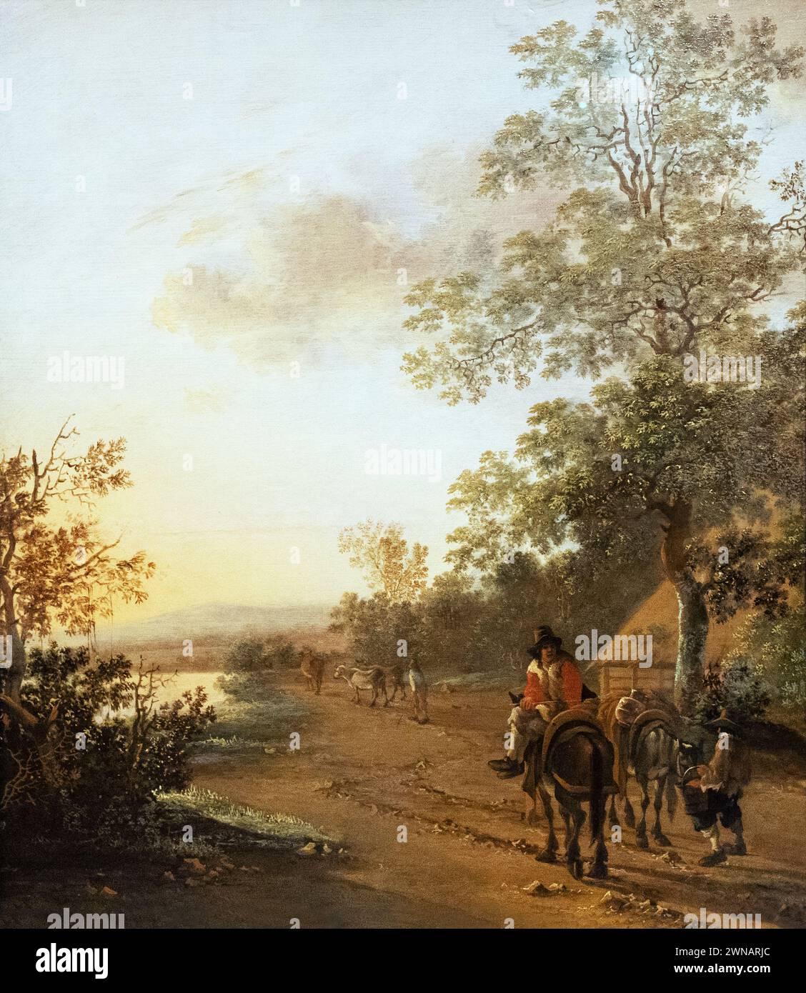Jan Dirksz beide, oder Jan beide, Gemälde „Straße am Rand eines Sees“ um 1640; italienisches Landschaftsgemälde von niederländischem Maler, 17. Jahrhundert. Stockfoto