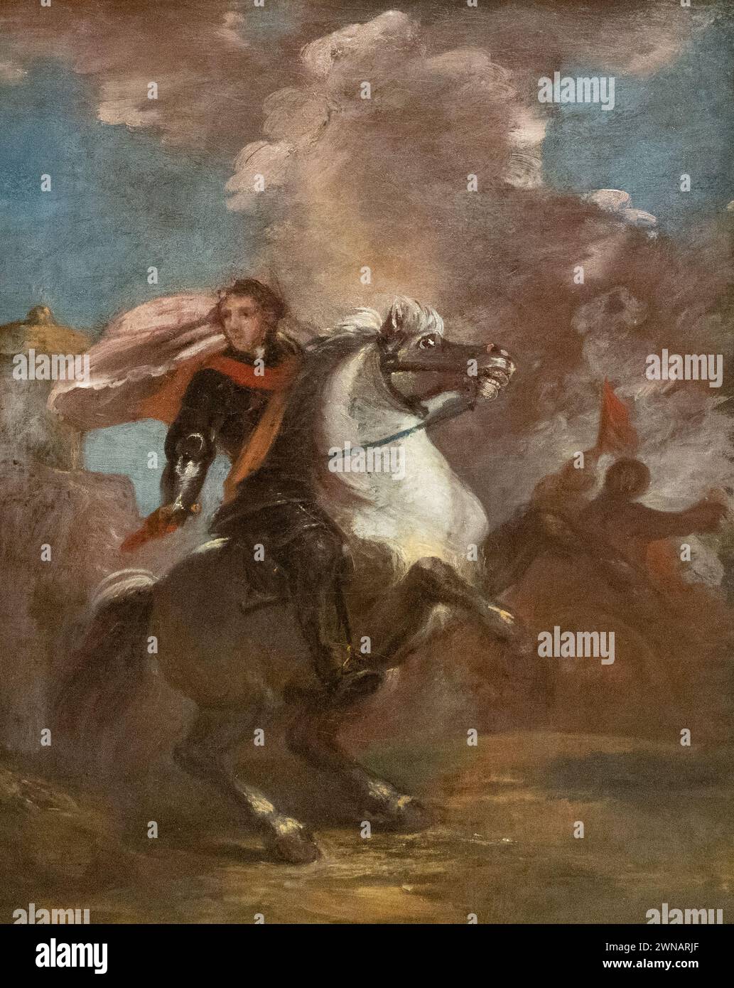 Sir Joshua Reynolds Gemälde, „ein Offizier auf dem Pferd“ 1760–65; Studie für ein Reiterporträt. 18. Jahrhundert, englischer Porträtmaler, 1723-1792. Stockfoto