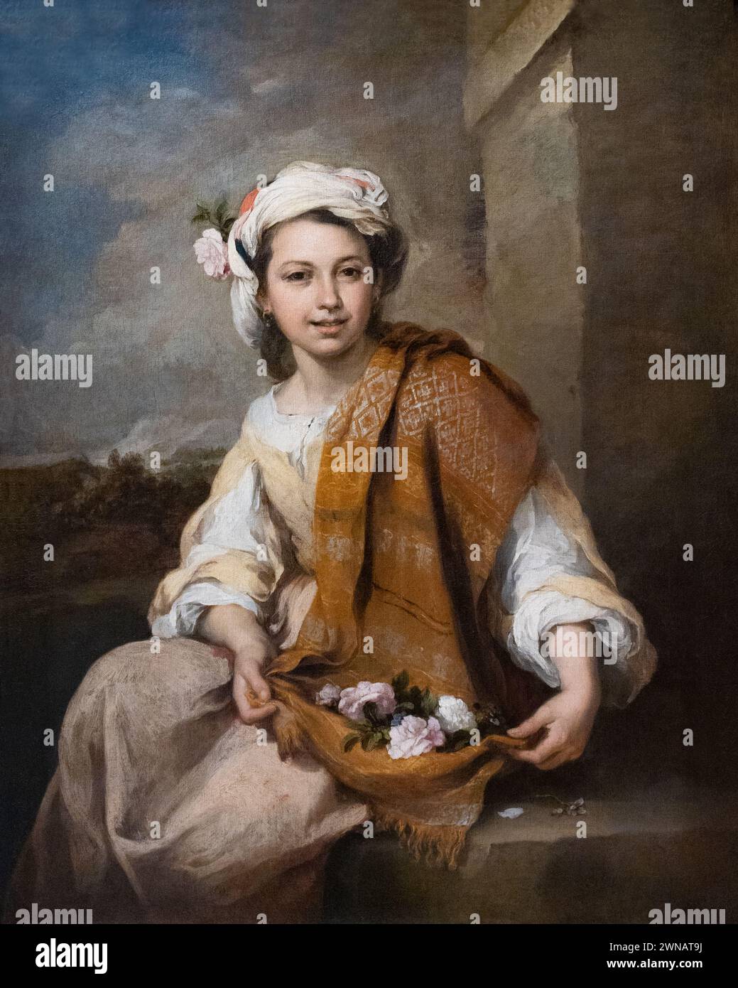 Bartolome Esteban Murillo oder Murillo-Gemälde; „das Blumenmädchen“ 1665-70; spanischer Barockmaler des Straßenlebens und der Kinder im 17. Jahrhundert; Stockfoto