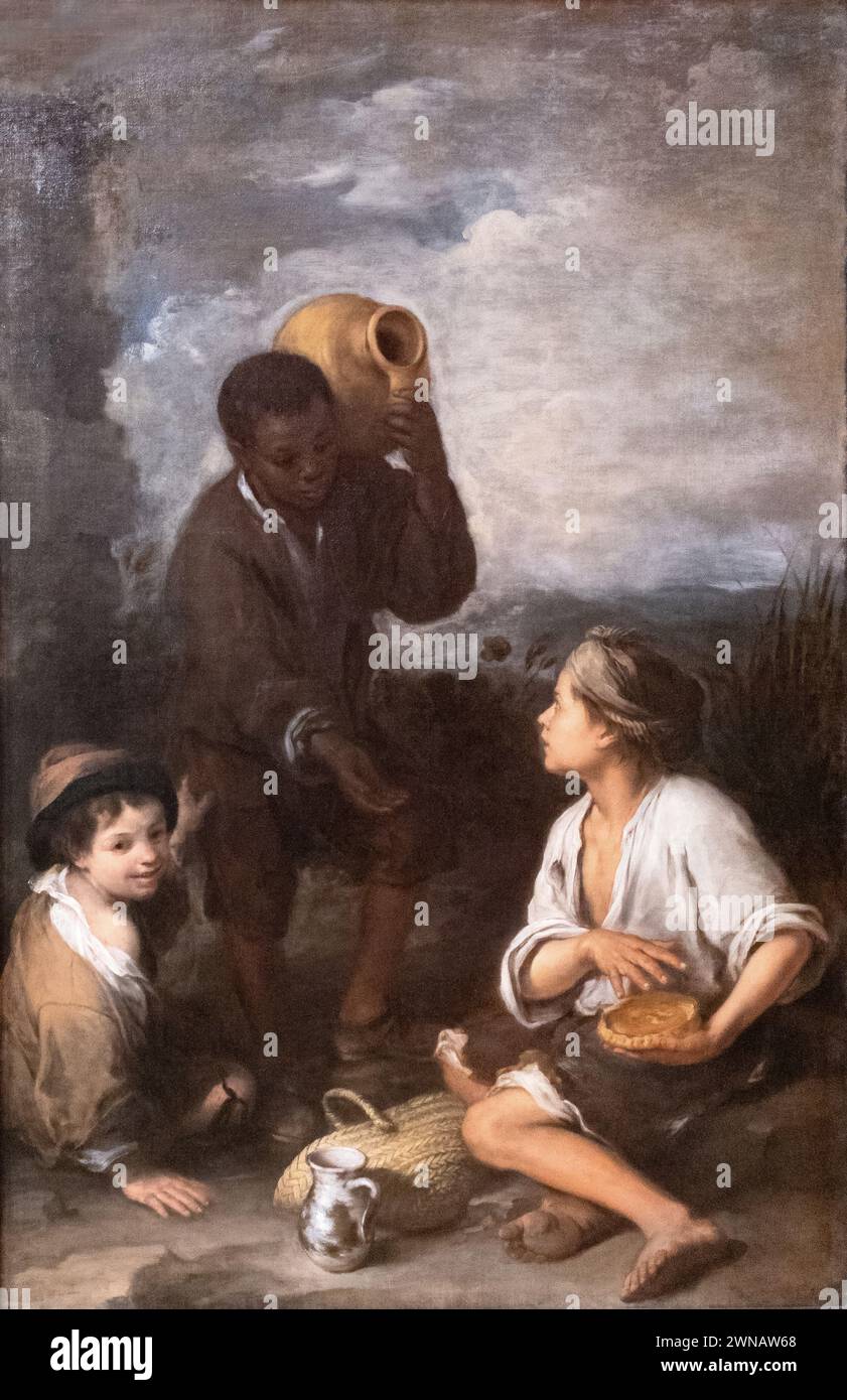 Bartolome Esteban Murillo, oder Murillo-Gemälde; „drei Jungen“ 1670, spanischer Barockmaler des Straßenlebens und der Kinder, 17. Jahrhundert Stockfoto