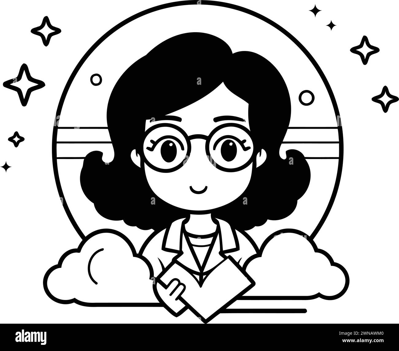 Geschäftsfrau mit Papierdokument und Wolken isolierte Icon Vektor Illustration Desing Stock Vektor