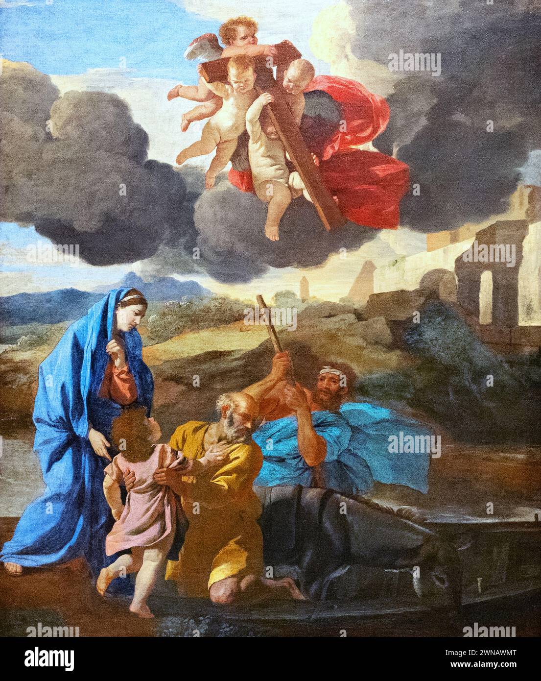 Nicolas Poussin Gemälde, „die Rückkehr der Heiligen Familie aus Ägypten“ 1628–30; französischer Barockmaler des 17. Jahrhunderts; biblische Szenenmalerei. Stockfoto