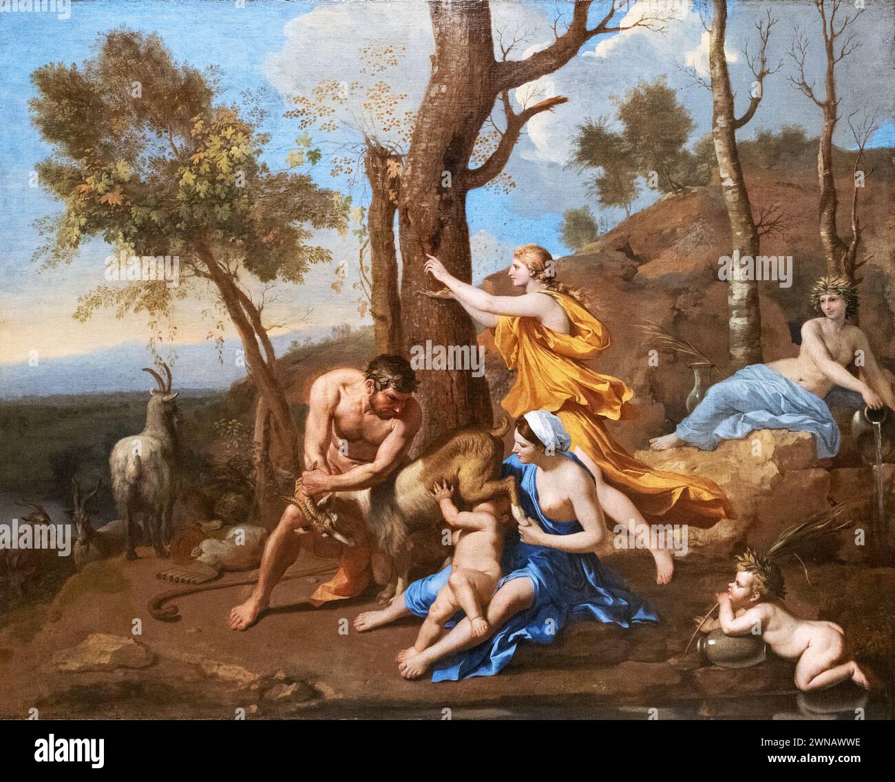 Nicolas Poussin Malerei; 'die Nurtur des Jupiters' 1636-7; französischer Barockmaler des 17. Jahrhunderts Stockfoto