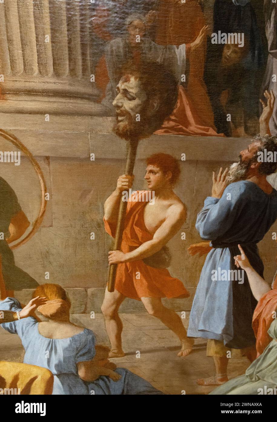 Nicolas Poussin Gemälde, Detail aus „der Triumph Davids“. 1631–33; David und Goliath Story. David und der Kopf von Goliath. Malerei der 1600er Jahre Stockfoto