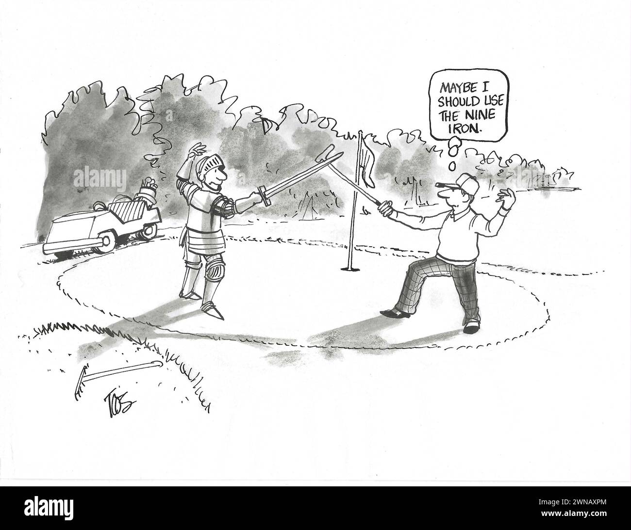 BW-Cartoon eines Golfers, der einen Schwertkampf hat, seinen Fahrer benutzt, vielleicht sollte er das neun-Eisen benutzen. Stockfoto