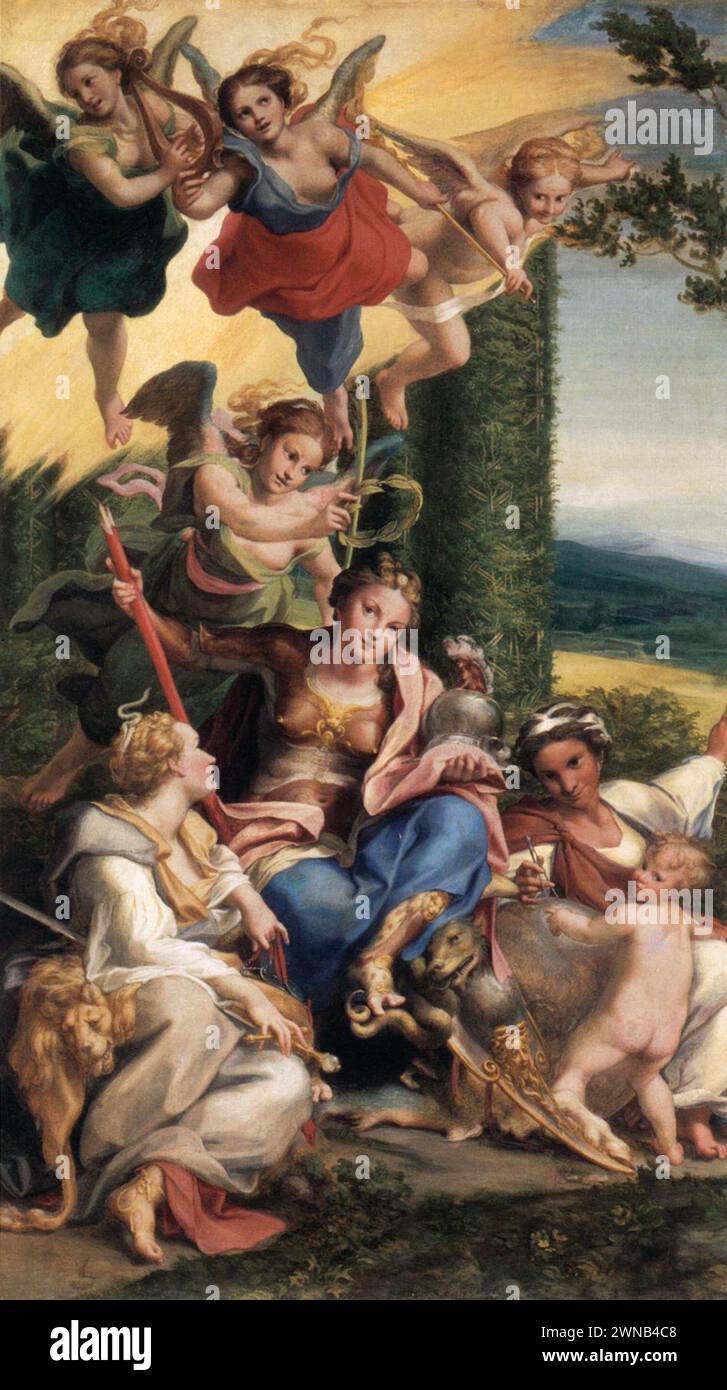 Das Allegory of Tugend ist ein Gemälde von Correggio aus dem Jahr 1531, das 149 x 88 cm groß ist.[1] es und Allegory of Vice wurden als Paar für das Studio von Isabella d’Este gemalt. Stockfoto