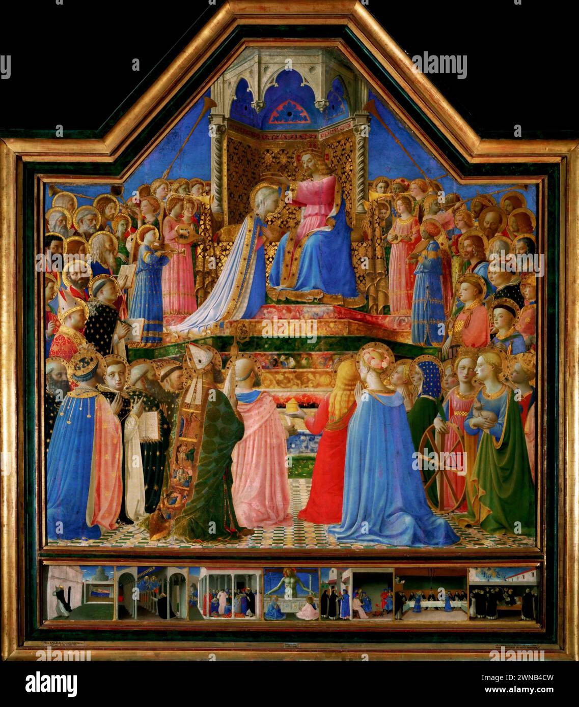 Die Krönung der Jungfrau ist ein Gemälde des italienischen Meisters der Frührenaissance Fra Angelico, das um 1434–1435 in Fiesole (Florenz) ausgeführt wurde. Sie befindet sich heute im Musée du Louvre in Paris, Frankreich. Stockfoto