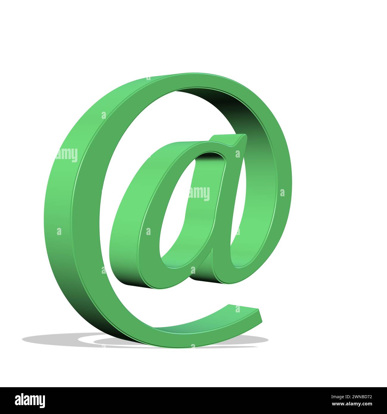 Grünes AT-Zeichen vor weißem Hintergrund, 3D-Illustration Stockfoto