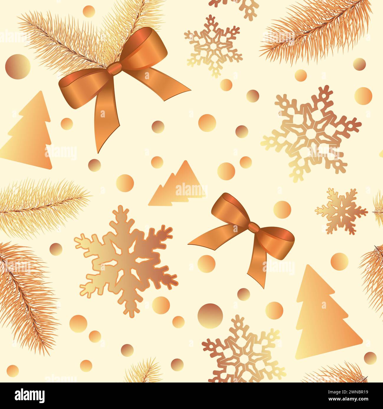 Nahtloses Weihnachtsmuster. Weihnachten, Neujahr Hintergrund. Endlose Textur mit Kiefer, Bögen, Schneeflocken, Häusern und Bokeh, Schnee, Baum, Stern. Weihnachtsdruck f Stockfoto