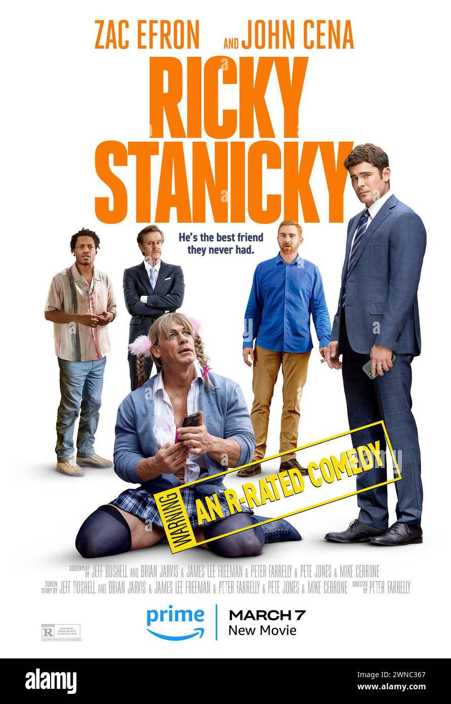 ERSCHEINUNGSDATUM: 7. März 2024. TITEL: Ricky Stanicky. STUDIO: Farrelly Films. DIREKTOR: Peter Farrelly. PLOT: Als drei beste Freunde aus der Kindheit einen Streich ziehen, der schief geht, erfinden sie den imaginären Ricky Stanicky, um sie aus dem Ärger zu befreien. Zwanzig Jahre später benutzen sie den nicht existierenden Ricky immer noch als praktisches Alibi für ihr unreifes Verhalten. MIT JERMAINE FOWLER, WILLIAM H. MACY, ZAC EFRON als Dean, ANDREW SANTINO als JT, JOHN CENA als Ricky Stanicky (Rod). (Credit Image: © Farrelly Films/Entertainment Pictures/ZUMAPRESS.com) NUR REDAKTIONELLE VERWENDUNG! Nicht für kommerzielle ZWECKE! Stockfoto