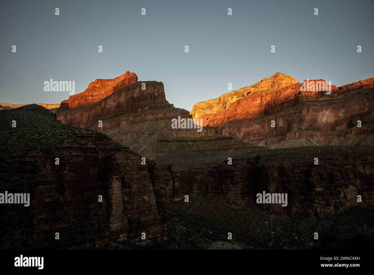 Der Vesta-Tempel beginnt im frühen Morgenlicht im Grand Canyon zu leuchten Stockfoto