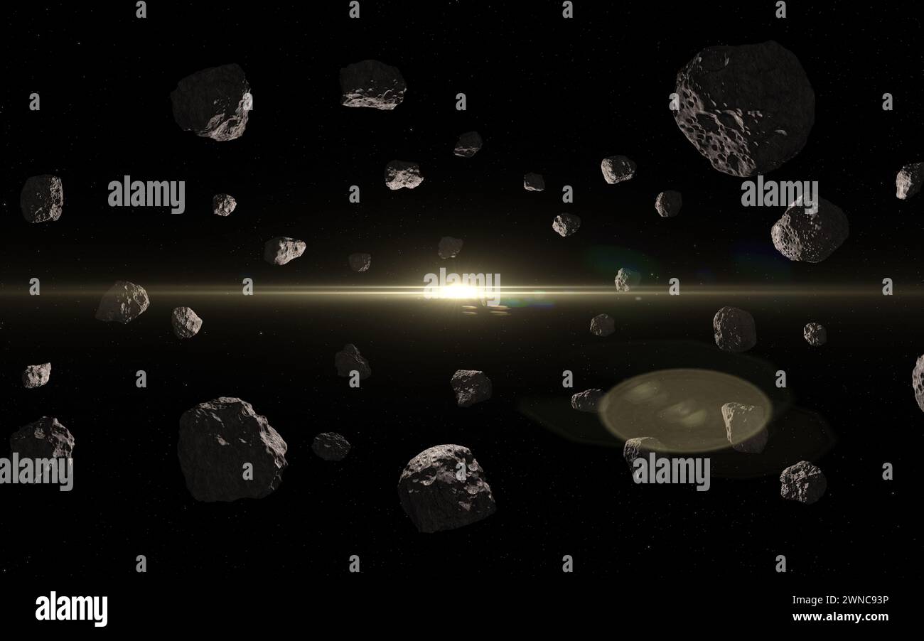 Asteroiden und Sonne. Dunkler Weltraum, Meteoriten oder Trümmer eines zerstörten Planeten und der Sonne. Elemente dieses Bildes, bereitgestellt von der NASA. Stockfoto