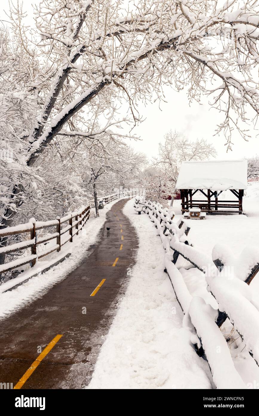 Snowy Clear Creek Trail - Golden History Park, Golden, Colorado, USA Stockfoto