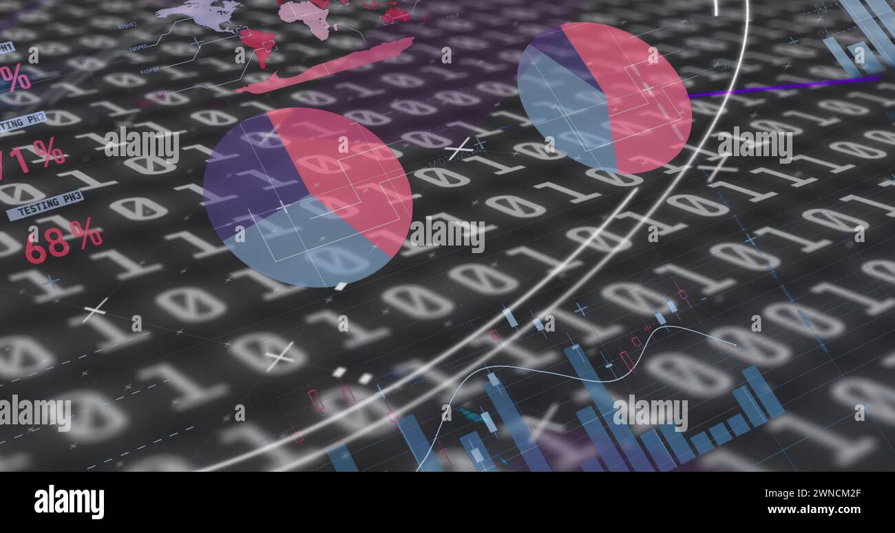 Bild des Scans des Oszilloskops, der Binärcodierung und der Statistikaufzeichnung auf schwarzem Hintergrund Stockfoto