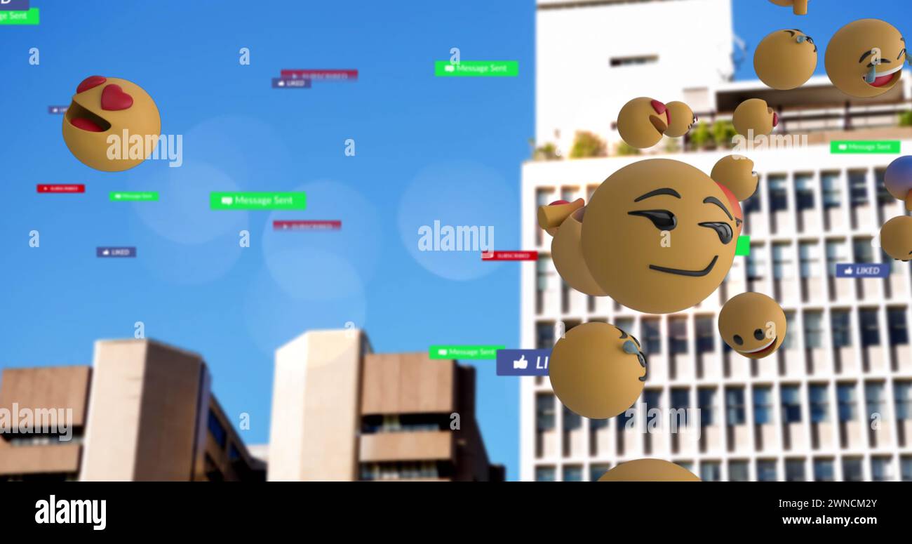 Bild von Social-Media-Text auf Bannern mit Emojis über der Stadtlandschaft Stockfoto