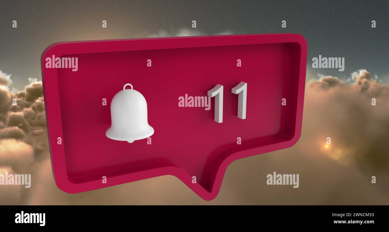 Bild des Warnsymbols mit Zahlen auf der Sprechblase über Himmel und Wolken Stockfoto