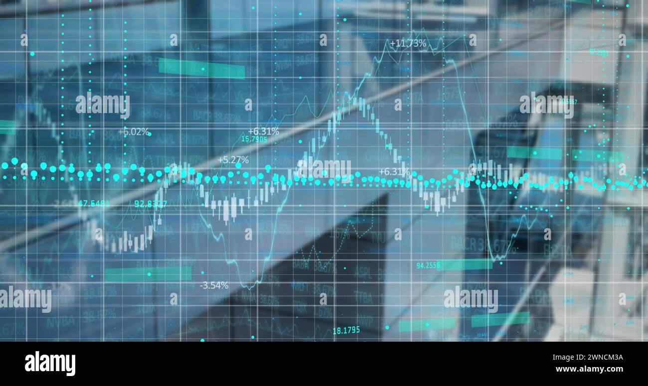 Bild von Statistiken und der Verarbeitung finanzieller Daten über das Stadtbild Stockfoto