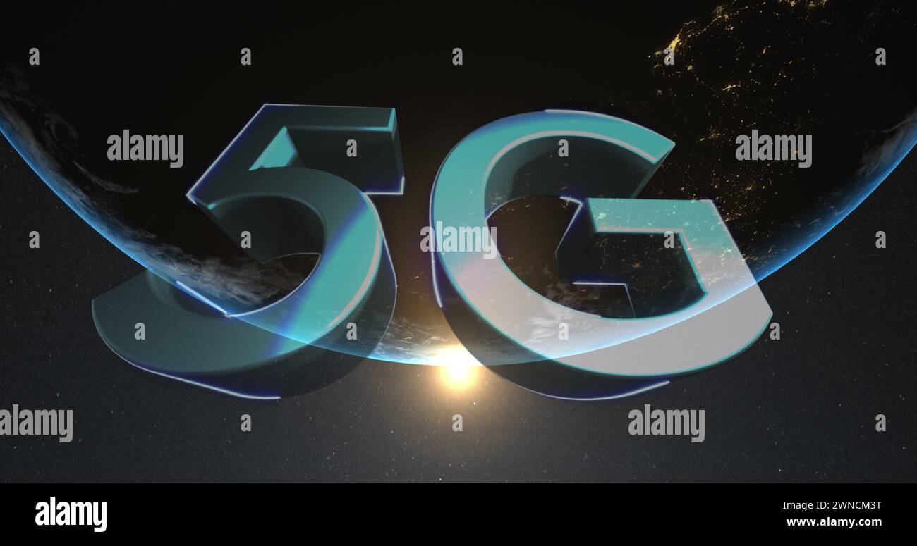 Digitales Bild mit 5 g Text auf der Kugel und Lichtpunkt auf schwarzem Hintergrund Stockfoto