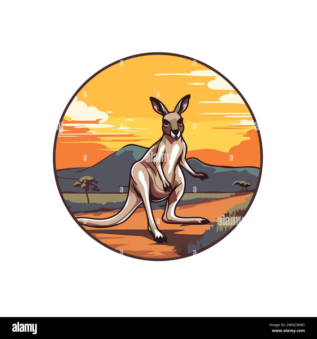 Känguru in der Wüste bei Sonnenuntergang. Vektor-Illustration im Cartoon-Stil. Stock Vektor
