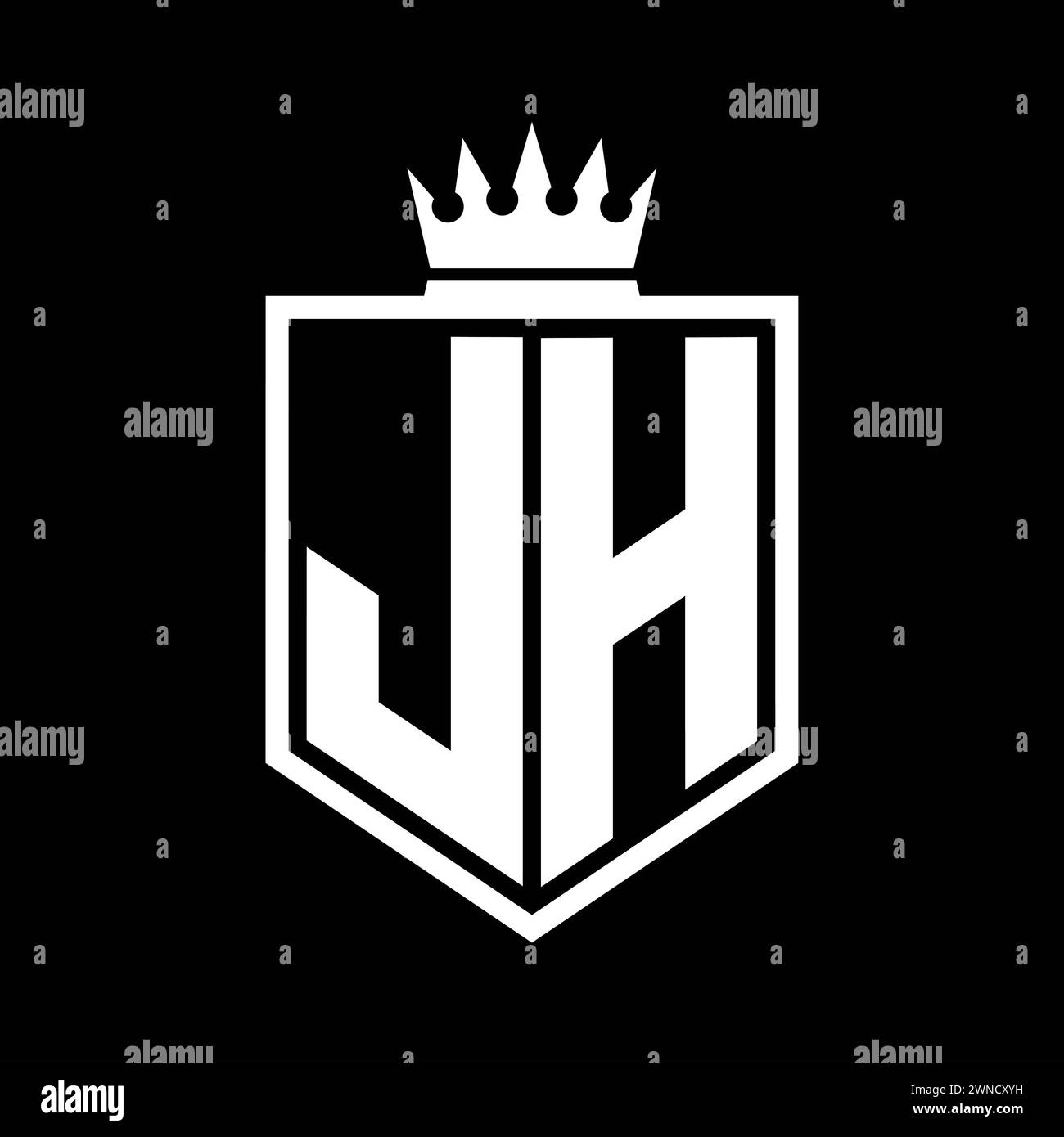 JH Letter Logo-Monogramm auffällige geometrische Form mit Kronenumrandung in Schwarz und weiß Stockfoto