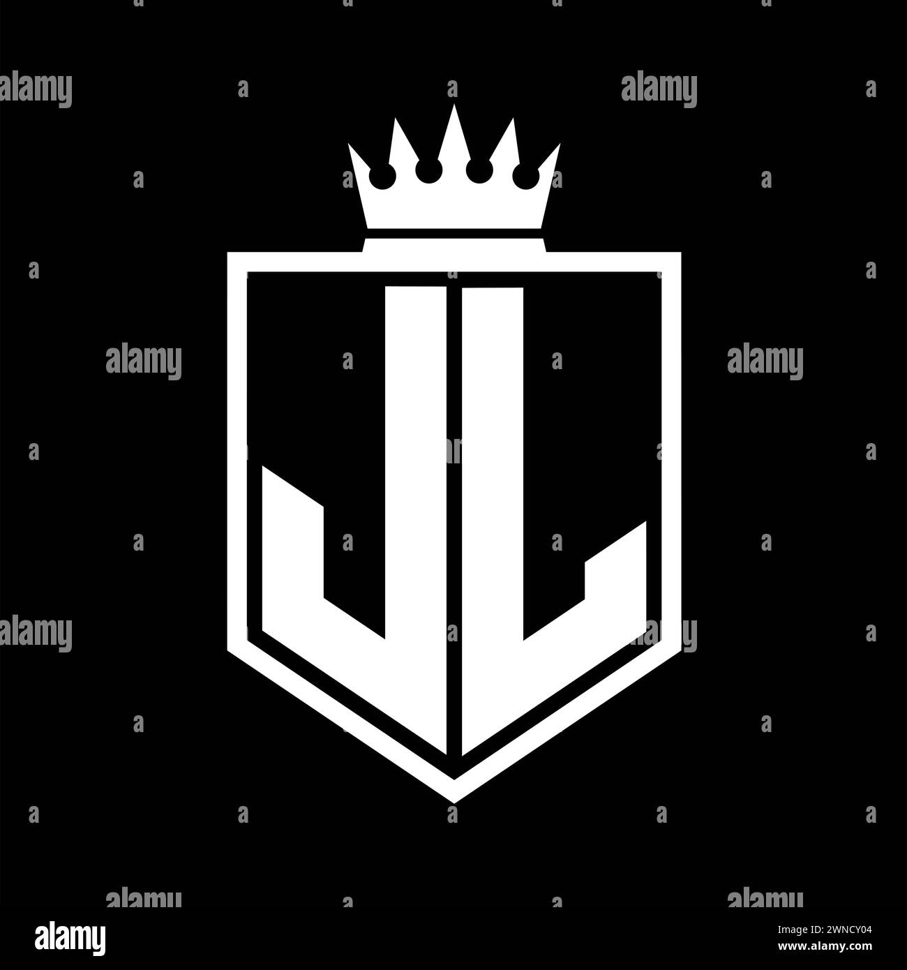 JL Letter Logo-Monogramm auffällige geometrische Form mit Kronenumrandung in Schwarz und weiß Stockfoto