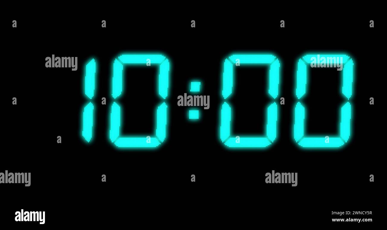 Abbildung: Blaue digitale Uhr, die sich auf schwarzem Hintergrund ändert Stockfoto