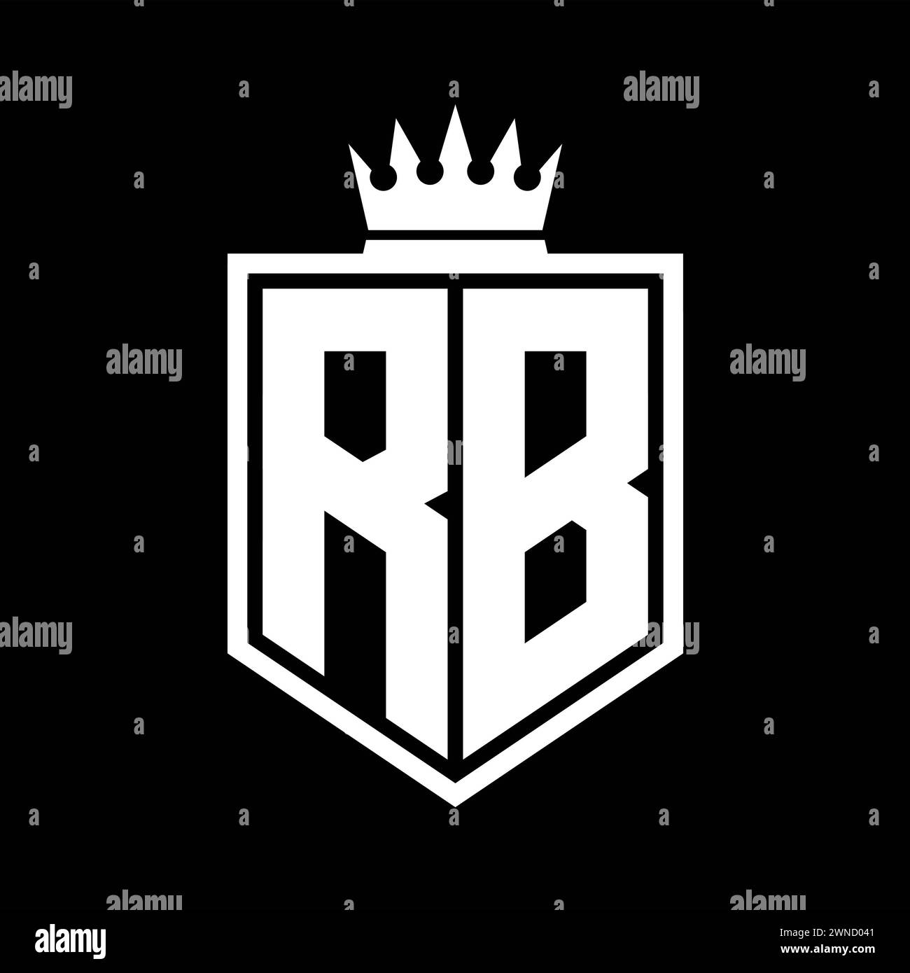 RB Letter Logo-Monogramm auffällige geometrische Form mit Kronenumrandung in Schwarz und weiß Stockfoto