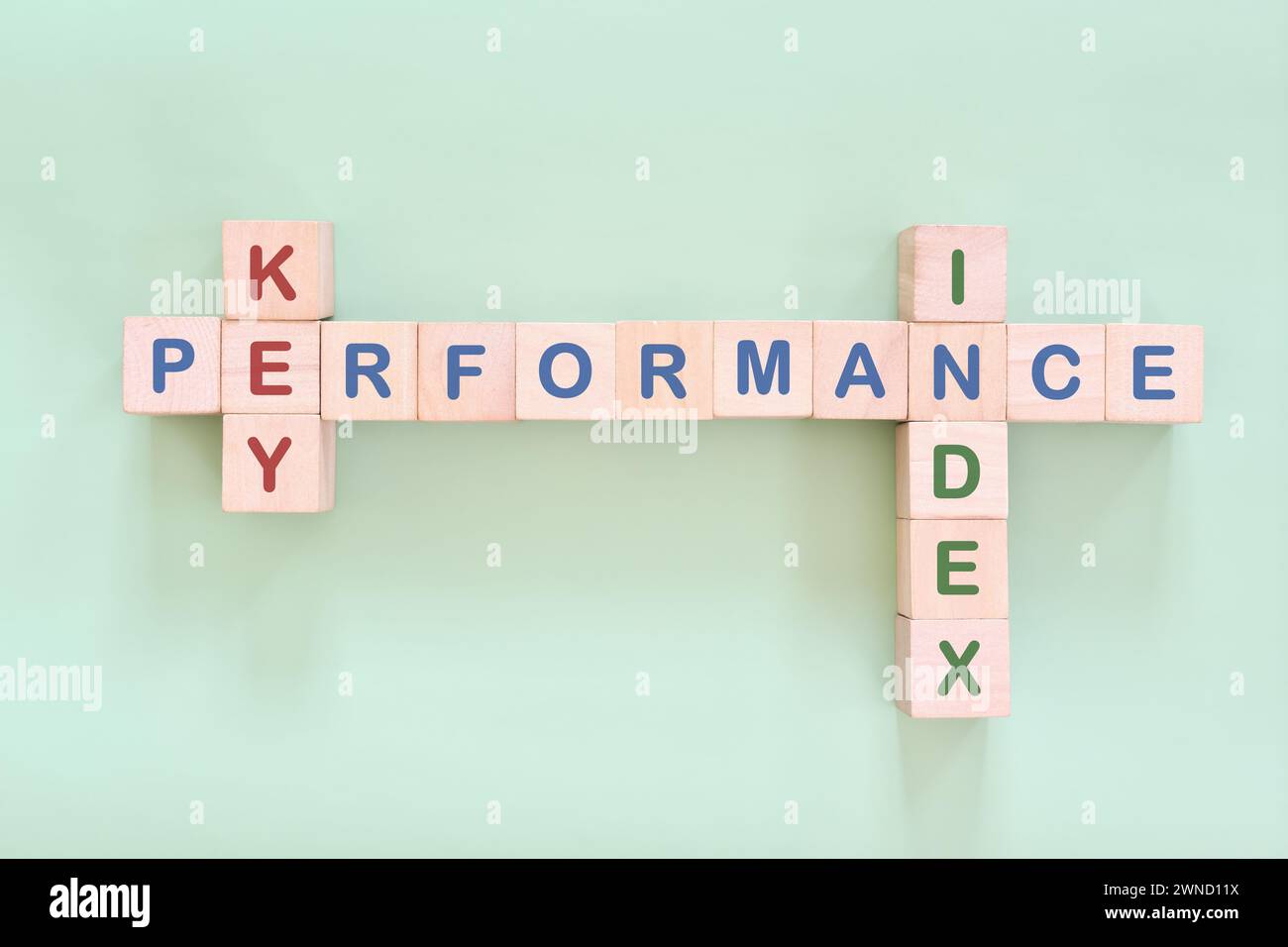 Geschäftsstrategie und Erfolgskonzept für KPI oder Key Performance Indicator. Kreuzworträtsel flache Lay Typografie auf grünem Hintergrund. Stockfoto