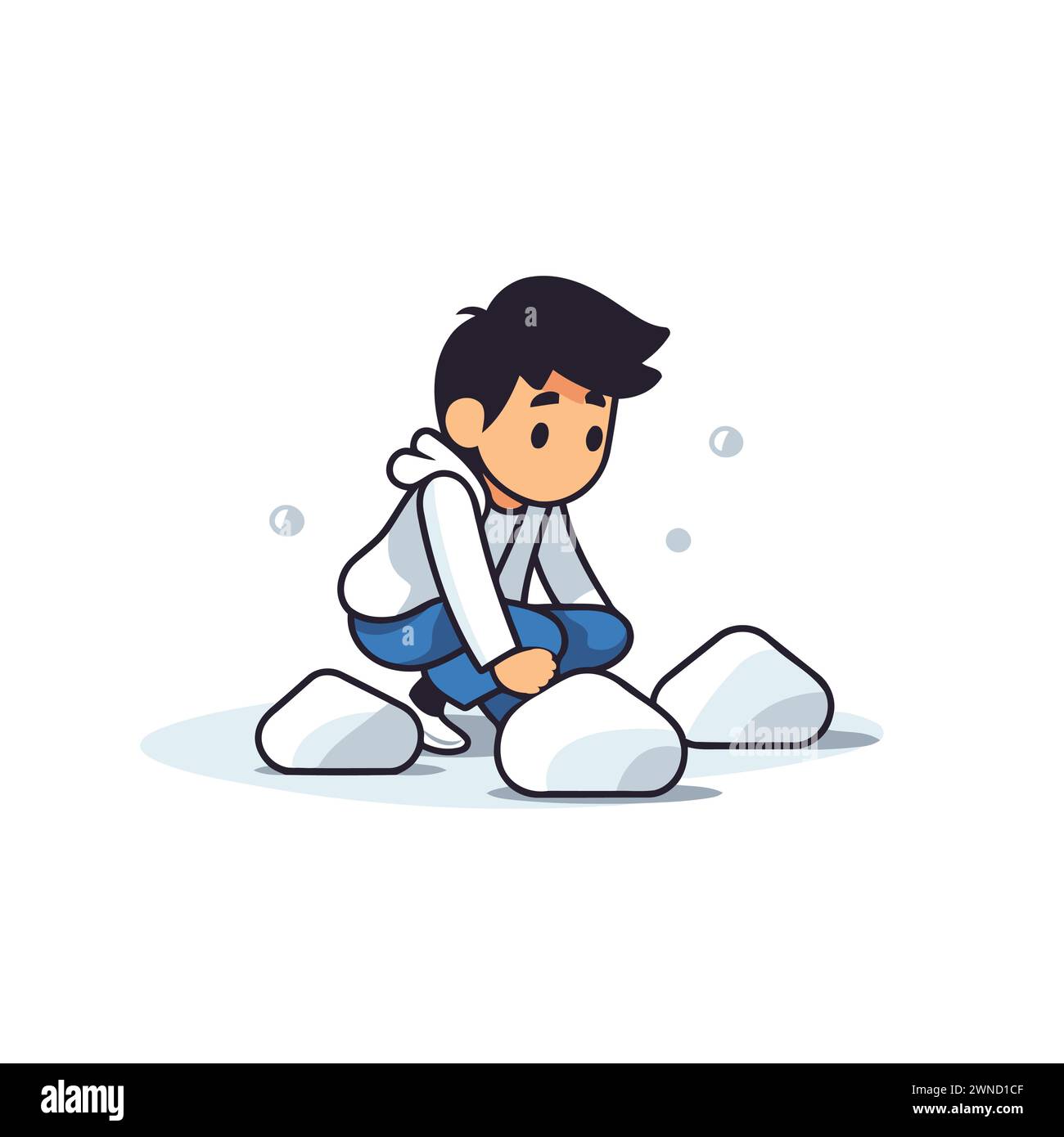 Trauriger Junge, der auf einem Haufen Steine sitzt. Vektorillustration im Cartoon-Stil. Stock Vektor