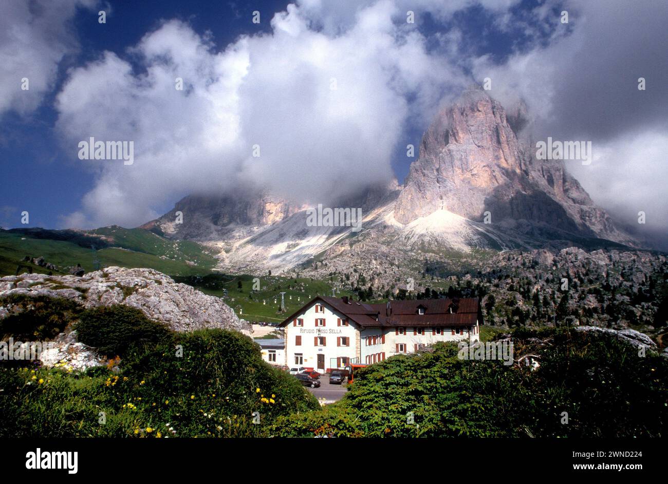 Italienisches Gästehaus, Passo Sella, Langkofel Gruppe, Südtirol, Italien Stockfoto