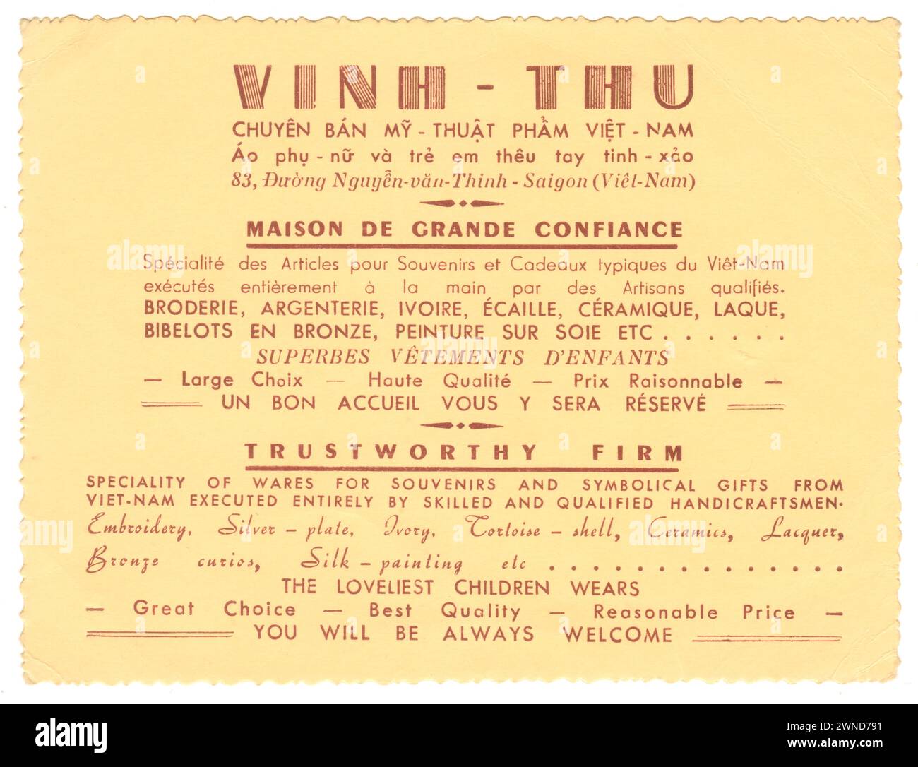 Telefonkarten eines Souvenir- und Souvenirgeschäfts in Saigon, Vietnam aus den 1950er Jahren gedruckt in französischer und englischer Sprache. Stockfoto